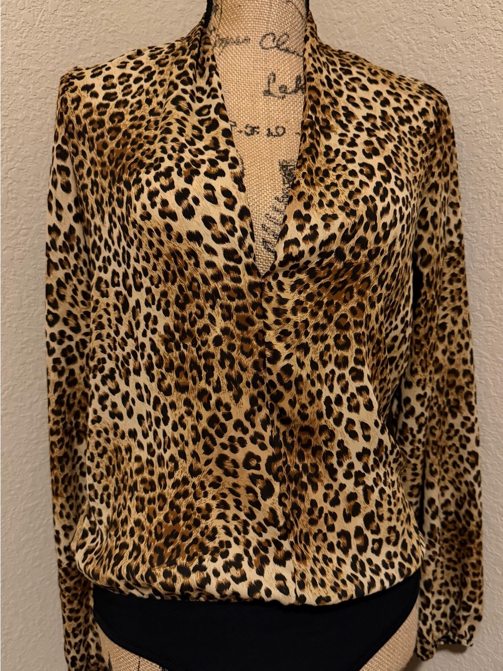 Arden B Leopard-Print V-Neck Long Sleeve Bodysuit - Tan & Black